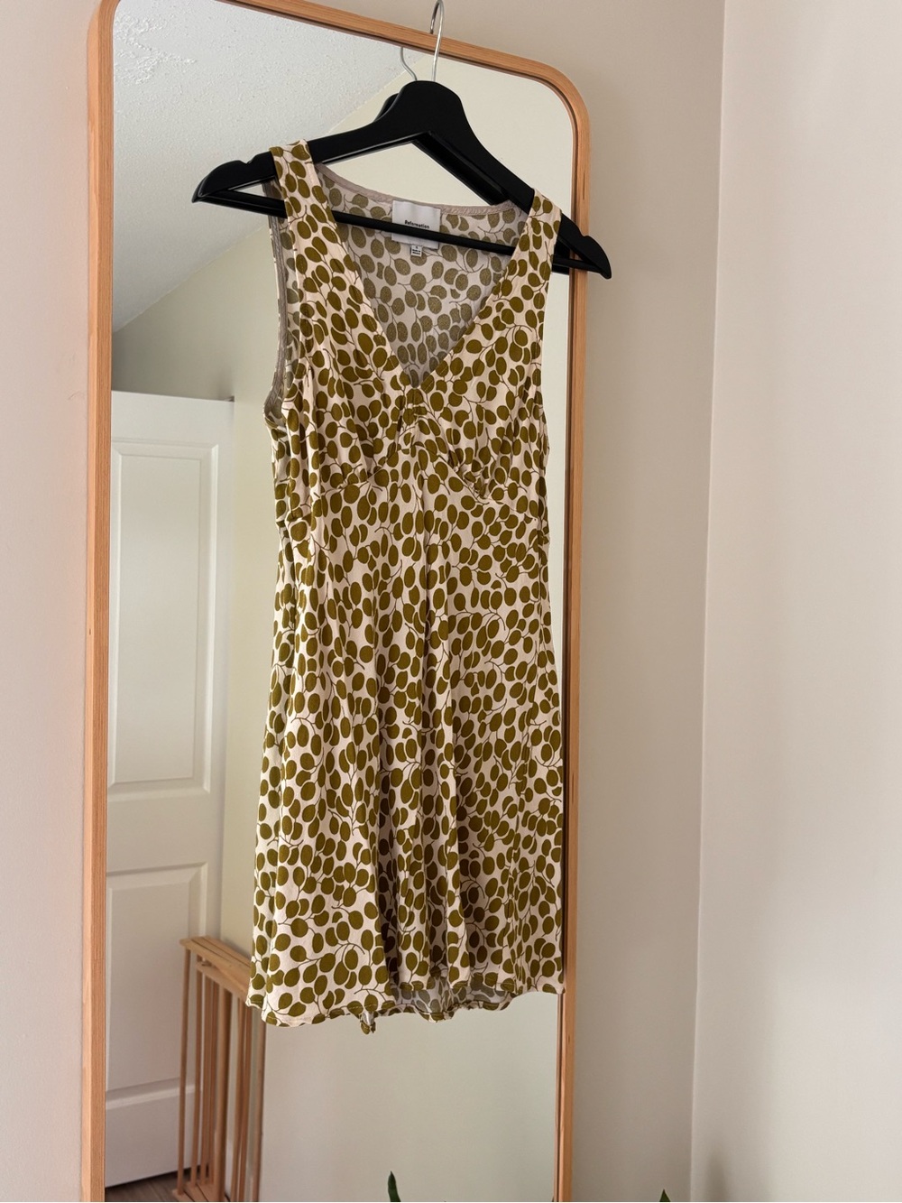 Reformation Olive and Cream Sleeveless V-Neck Dress